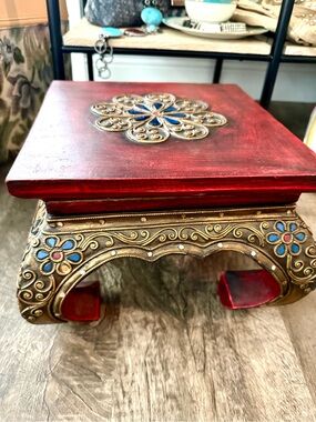 Asian Red Wood Carved Stool ~ Plant Stand